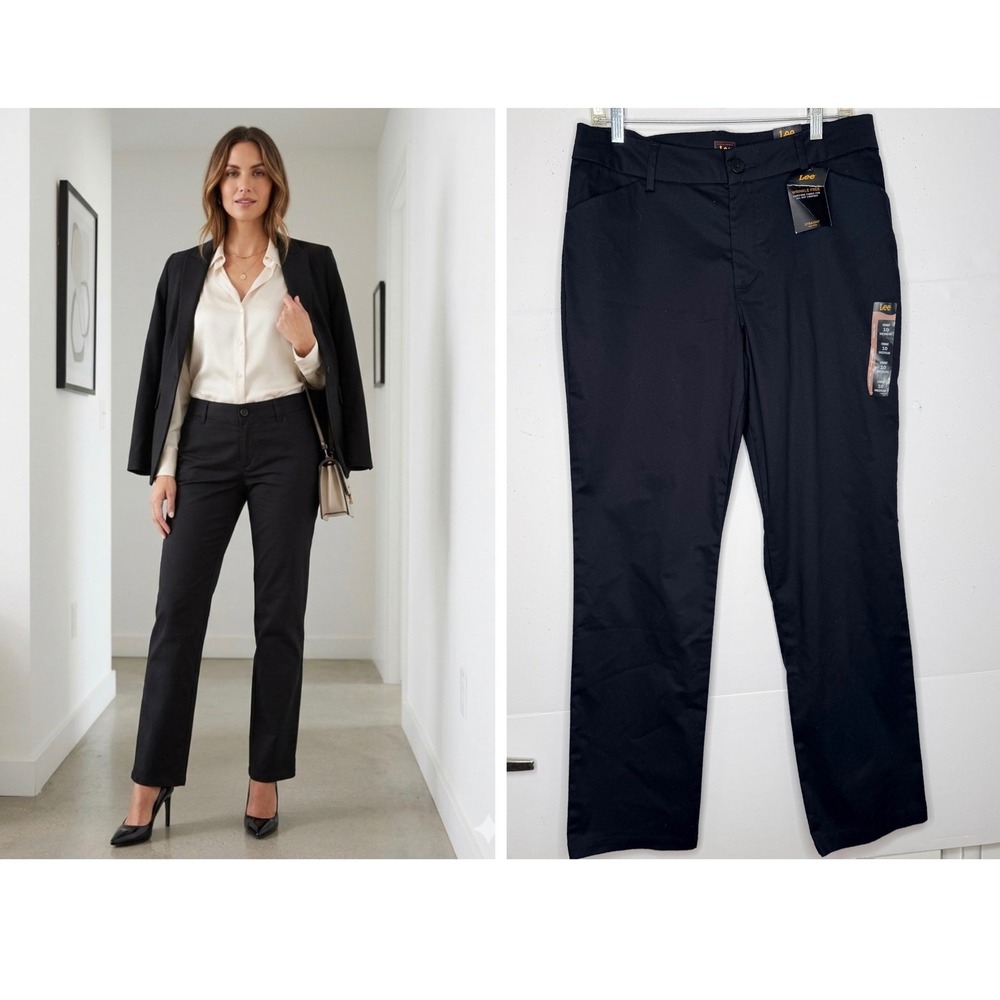Lee Straight Leg Pants Womens 10 M Black Wrinkle Free Mid Rise Business Casual